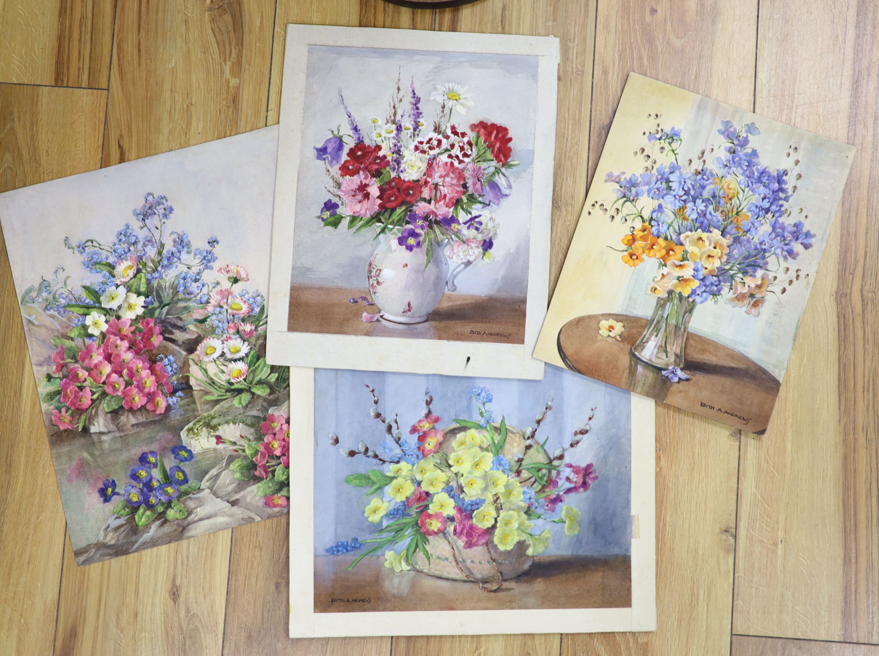 Edith Alice Andrews (1873-1962), watercolour, study of a rock garden with Spring flowers and three still life studies of flowers